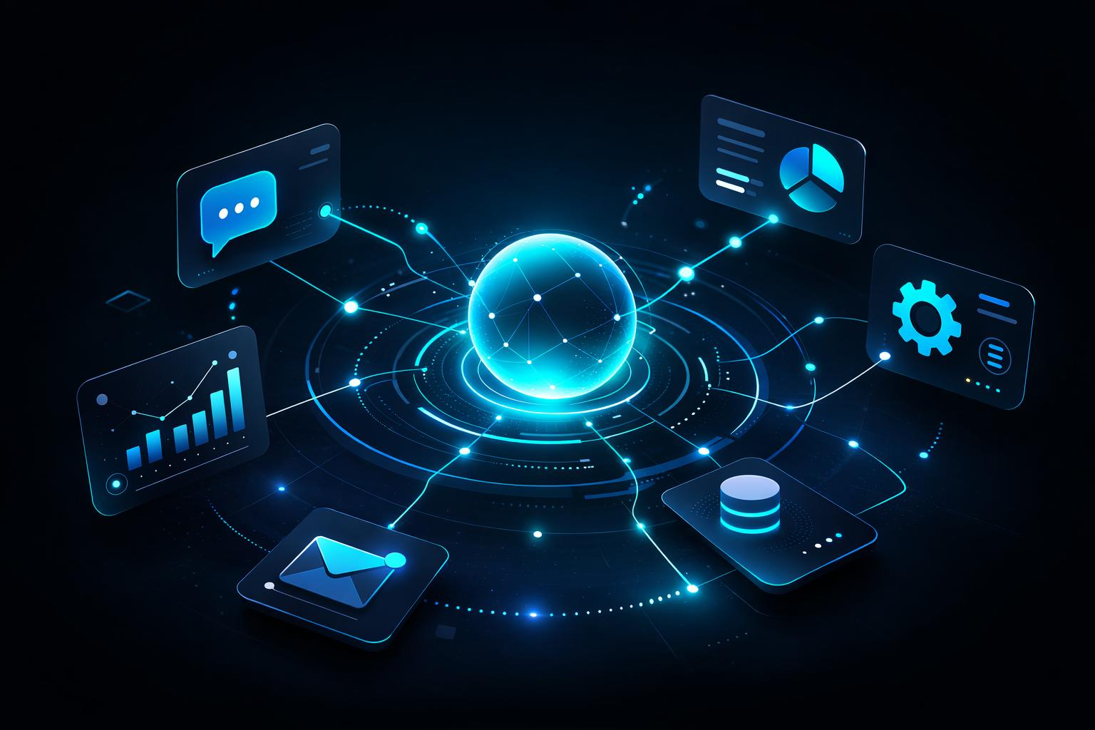 A luminous digital hub connecting messaging, analytics, automation, email, and data storage.
